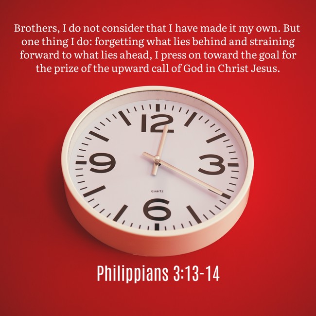 Brothers, I do not consider that I have made it my own. But one thing I do: forgetting what lies behind and straining forward to what lies ahead, I press on toward the goal for the prize of the upward call of God in Christ Jesus. - Philippians 3:13-14