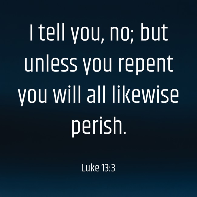 I tell you, no; but unless you repent you will all likewise perish. - Luke 13:3