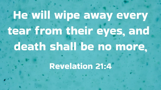 He will wipe away every tear from their eyes, and death shall be no more, - Revelation 21:4