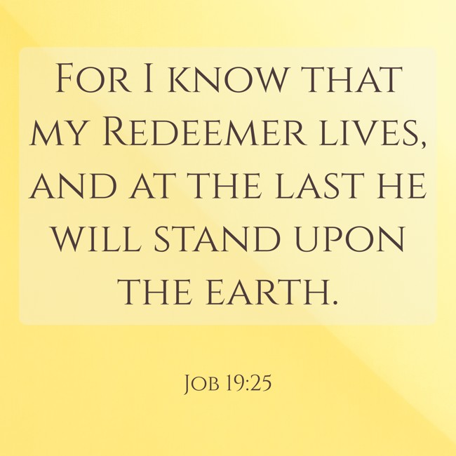 For I know that my Redeemer lives, and at the last he will stand upon the earth. - Job 19:25