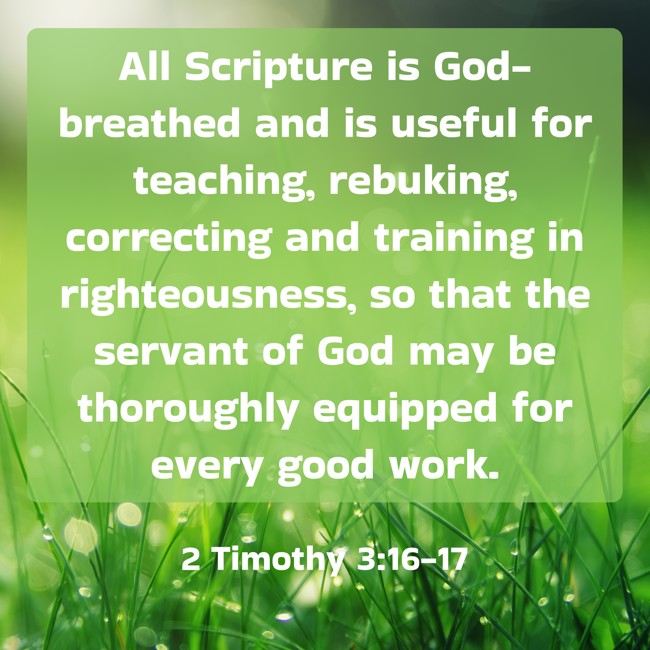 All Scripture is God-breathed and is useful for teaching, rebuking, correcting and training in righteousness, so that the servant of God may be thoroughly equipped for every good work. - 2 Timothy 3:16-17