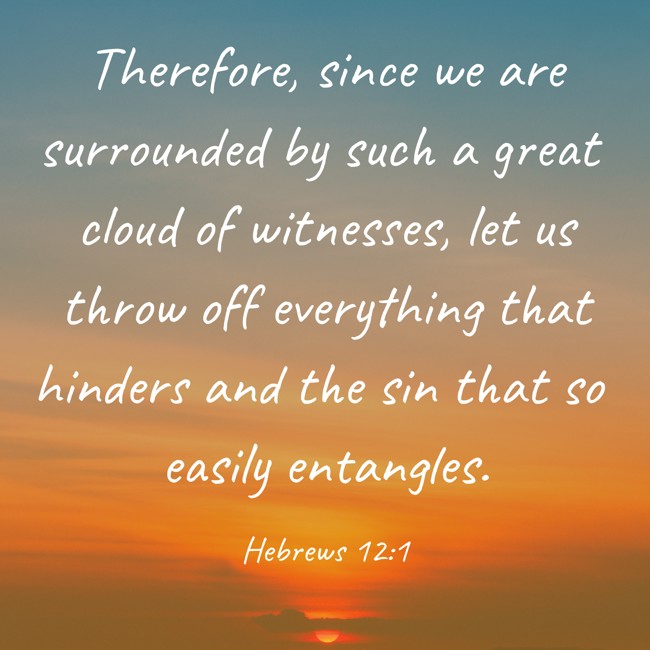 Therefore, since we are surrounded by such a great cloud of witnesses, let us throw off everything that hinders and the sin that so easily entangles. - Hebrews 12:1