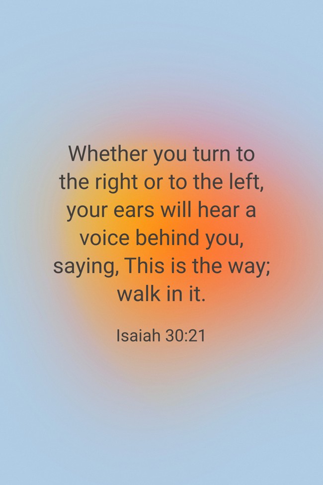 Whether you turn to the right or to the left, your ears will hear a voice behind you, saying, This is the way; walk in it. - Isaiah 30:21