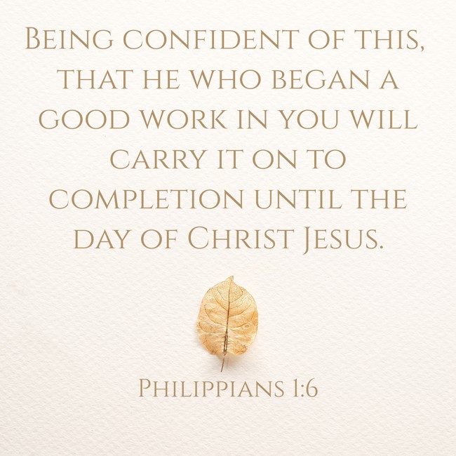 Being confident of this, that he who began a good work in you will carry it on to completion until the day of Christ Jesus. - Philippians 1:6
