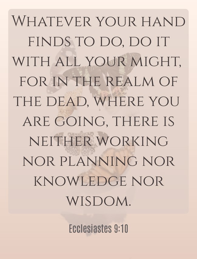 Whatever your hand finds to do, do it with all your might, for in the realm of the dead, where you are going, there is neither working nor planning nor knowledge nor wisdom. - Ecclesiastes 9:10
