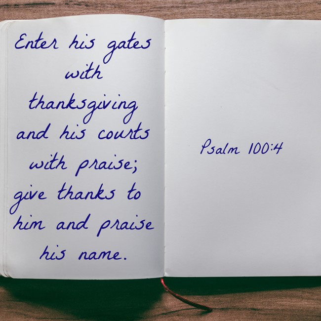 Enter his gates with thanksgiving and his courts with praise; give thanks to him and praise his name. - Psalm 100:4