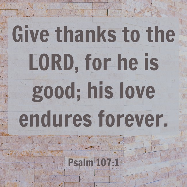Give thanks to the LORD, for he is good; his love endures forever. - Psalm 107:1