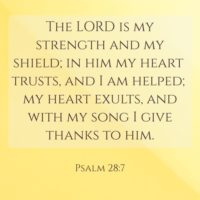 The LORD is my strength and my shield; in him my heart trusts, and I am helped; my heart exults, and with my song I give thanks to him. - Psalm 28:7
