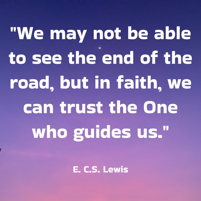 We may not be able to see the end of the road, but in faith, we can trust the One who guides us. - E. C.S. Lewis