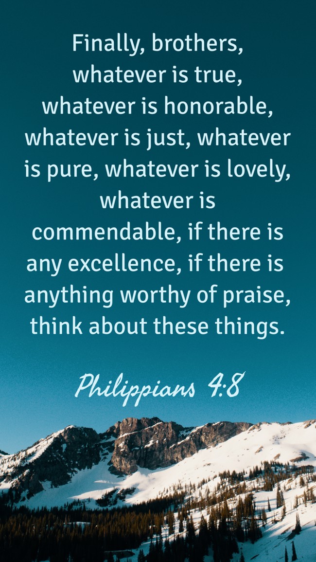 Finally, brothers, whatever is true, whatever is honorable, whatever is just, whatever is pure, whatever is lovely, whatever is commendable, if there is any excellence, if there is anything worthy of praise, think about these things. - Philippians 4:8