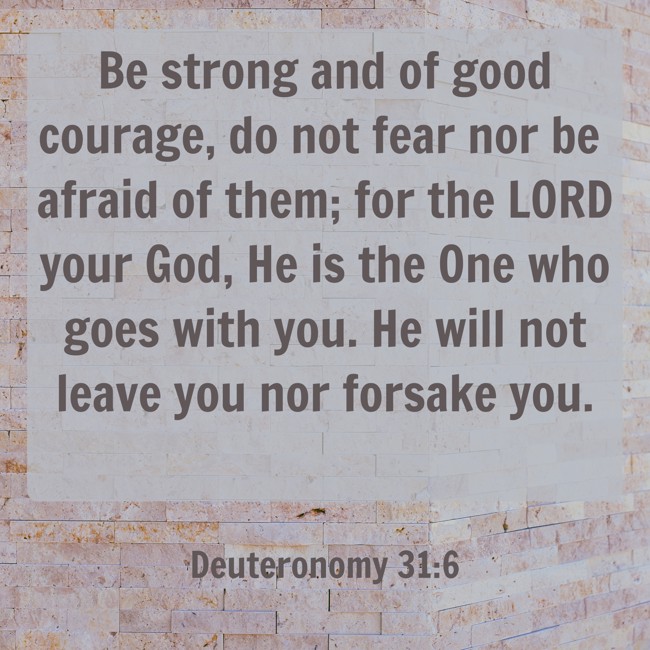Be strong and of good courage, do not fear nor be afraid of them; for the LORD your God, He is the One who goes with you. He will not leave you nor forsake you. - Deuteronomy 31:6