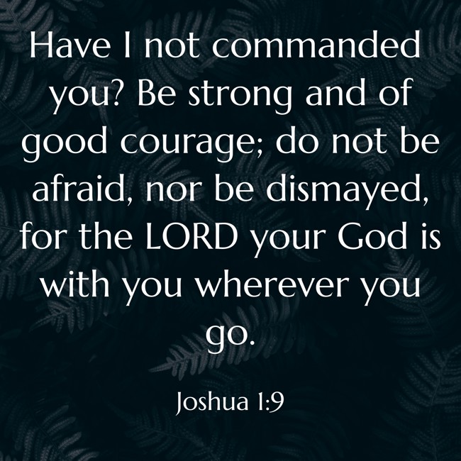 Have I not commanded you? Be strong and of good courage; do not be afraid, nor be dismayed, for the LORD your God is with you wherever you go. - Joshua 1:9