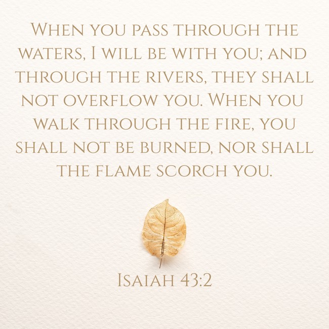 When you pass through the waters, I will be with you; and through the rivers, they shall not overflow you. When you walk through the fire, you shall not be burned, nor shall the flame scorch you. - Isaiah 43:2