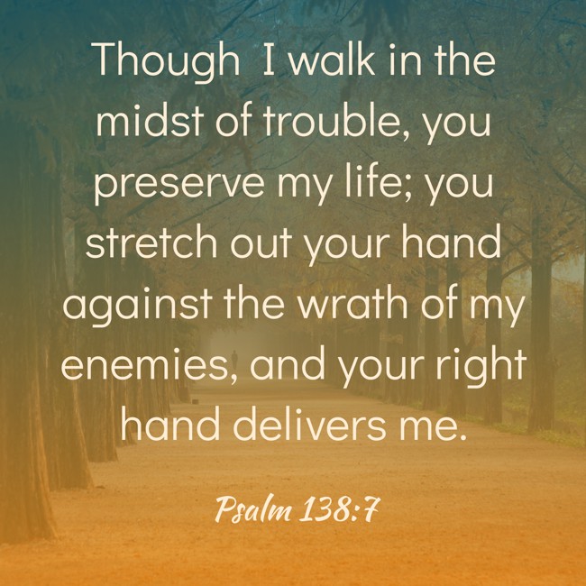 Though I walk in the midst of trouble, you preserve my life; you stretch out your hand against the wrath of my enemies, and your right hand delivers me. - Psalm 138:7