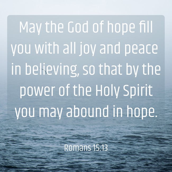 May the God of hope fill you with all joy and peace in believing, so that by the power of the Holy Spirit you may abound in hope. - Romans 15:13