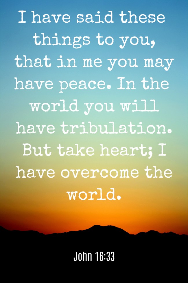 I have said these things to you, that in me you may have peace. In the world you will have tribulation. But take heart; I have overcome the world. - John 16:33