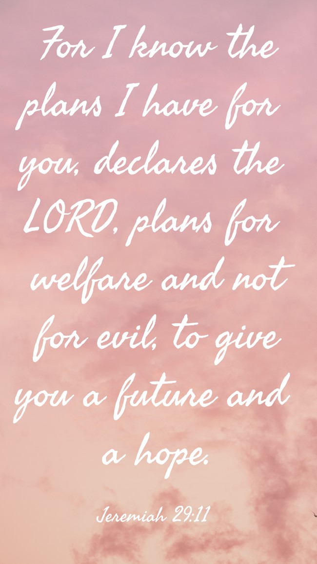 For I know the plans I have for you, declares the LORD, plans for welfare and not for evil, to give you a future and a hope. - Jeremiah 29:11