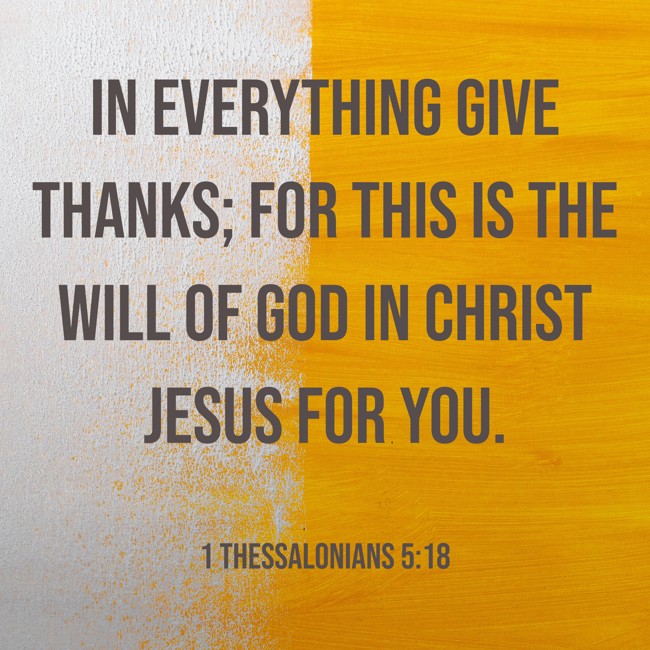  In everything give thanks; for this is the will of God in Christ Jesus for you.   - 1 Thessalonians 5:18 