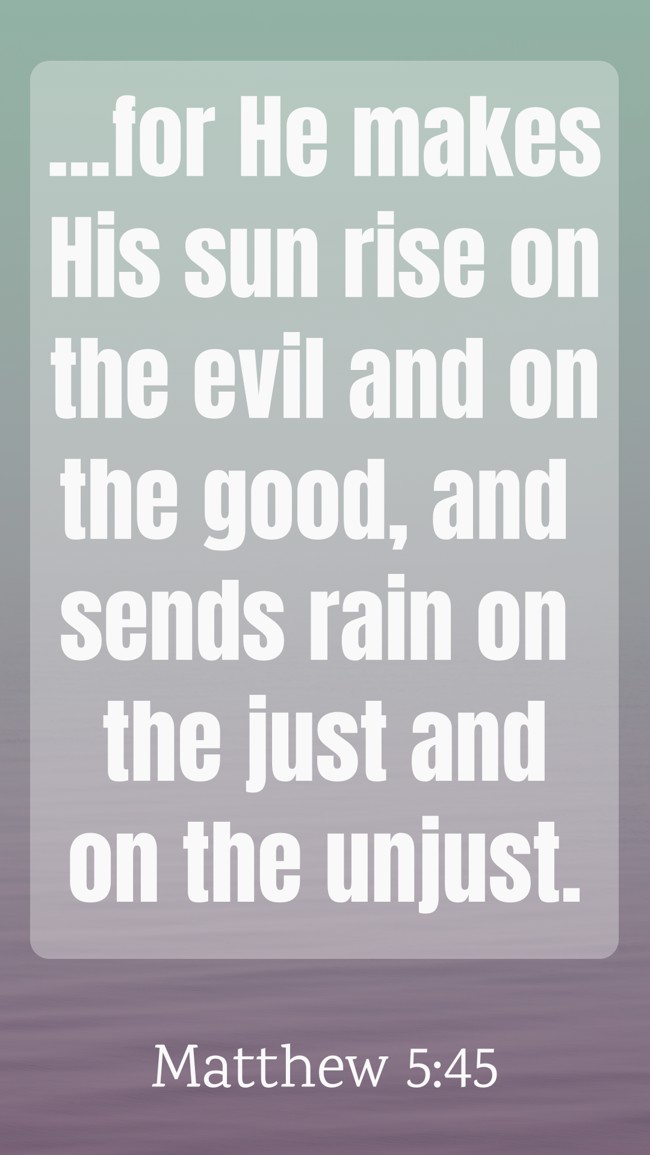  ...for He makes His sun rise on the evil and on the good, and sends rain on the just and on the unjust.   - Matthew 5:45 