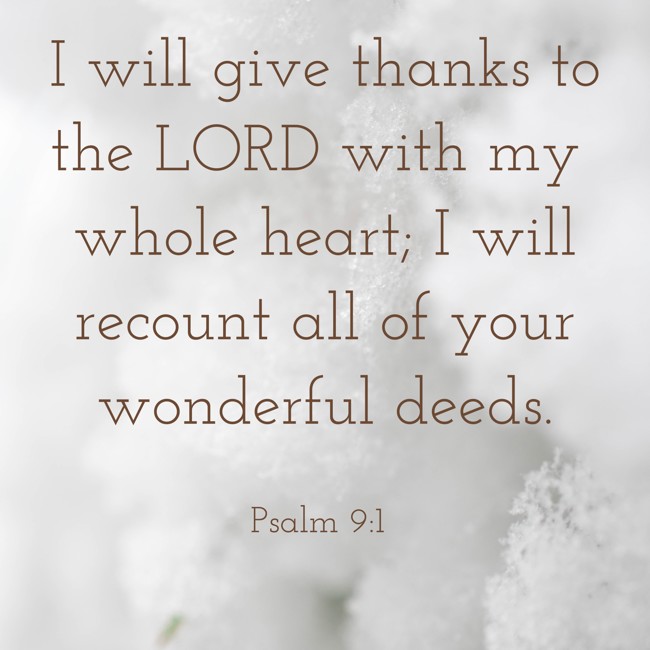  I will give thanks to the LORD with my whole heart; I will recount all of your wonderful deeds.   - Psalm 9:1 
