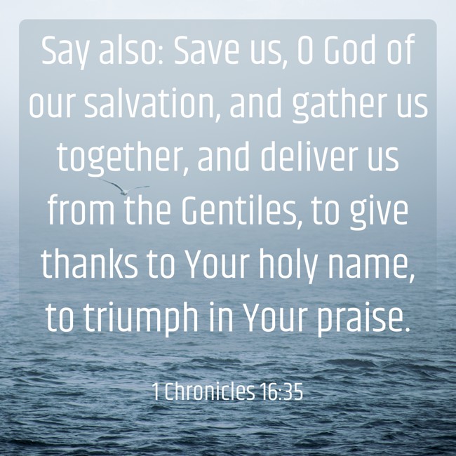  Say also: Save us, O God of our salvation, and gather us together, and deliver us from the Gentiles, to give thanks to Your holy name, to triumph in Your praise.   - 1 Chronicles 16:35 