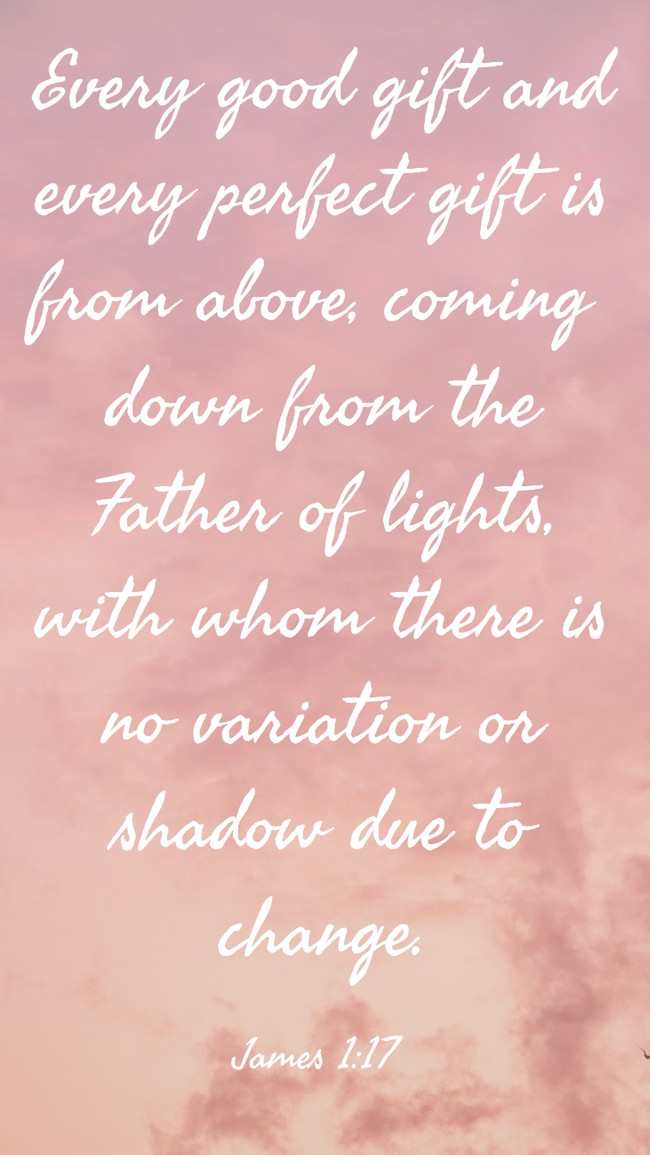 Every good gift and every perfect gift is from above, coming down from the Father of lights, with whom there is no variation or shadow due to change. - James 1:17