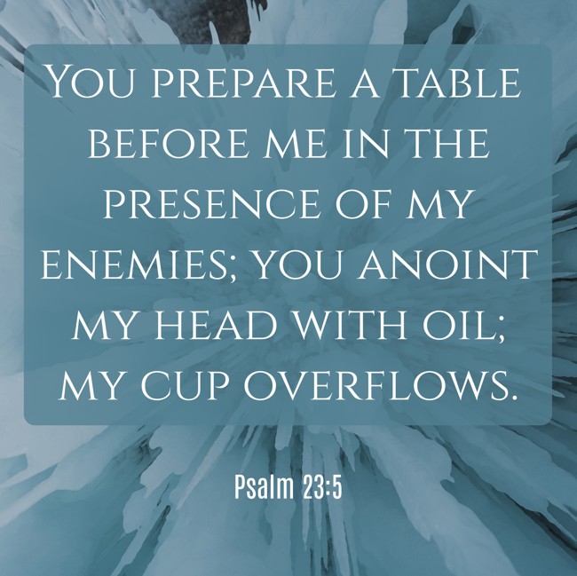 You prepare a table before me in the presence of my enemies; you anoint my head with oil; my cup overflows. - Psalm 23:5