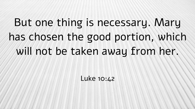 But one thing is necessary. Mary has chosen the good portion, which will not be taken away from her. - Luke 10:42