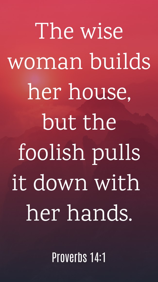  The wise woman builds her house, but the foolish pulls it down with her hands.   - Proverbs 14:1 
