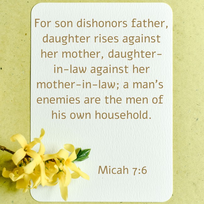 For son dishonors father, daughter rises against her mother, daughter-in-law against her mother-in-law; a man's enemies are the men of his own household.   - Micah 7:6 