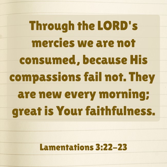  Through the LORD's mercies we are not consumed, because His compassions fail not. They are new every morning; great is Your faithfulness.   - Lamentations 3:22-23 