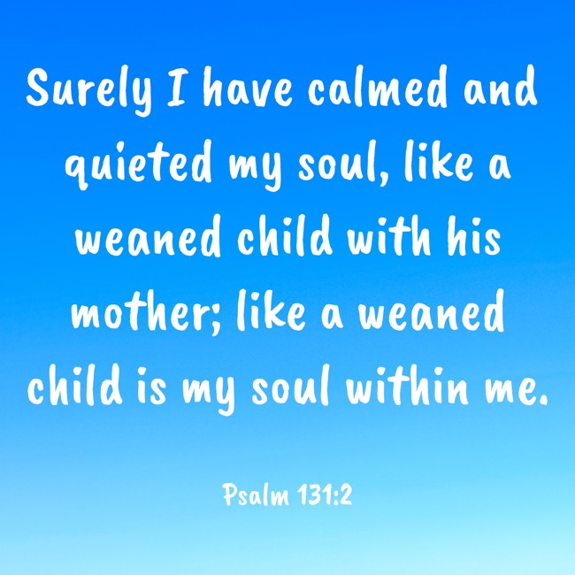  Surely I have calmed and quieted my soul, like a weaned child with his mother; like a weaned child is my soul within me.   - Psalm 131:2 