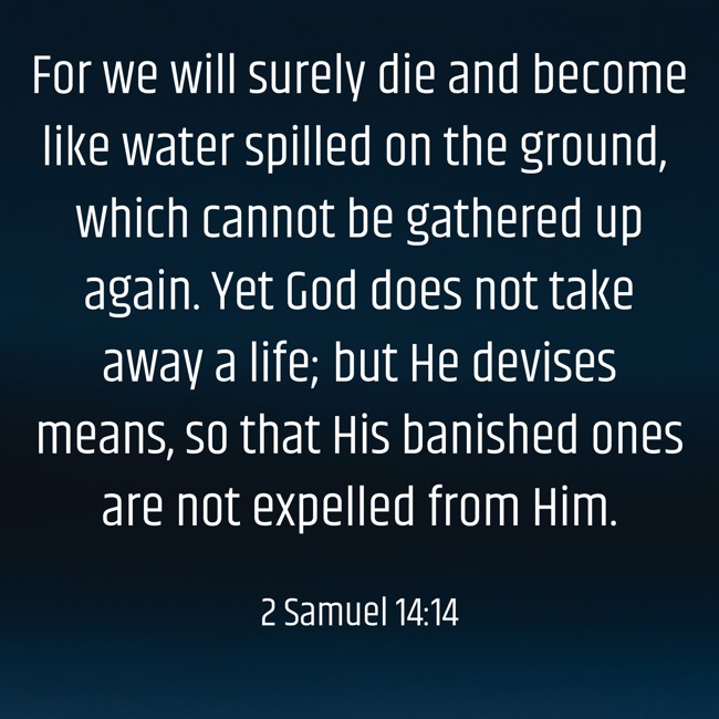  For we will surely die and become like water spilled on the ground, which cannot be gathered up again. Yet God does not take away a life; but He devises means, so that His banished ones are not expelled from Him.   - 2 Samuel 14:14 