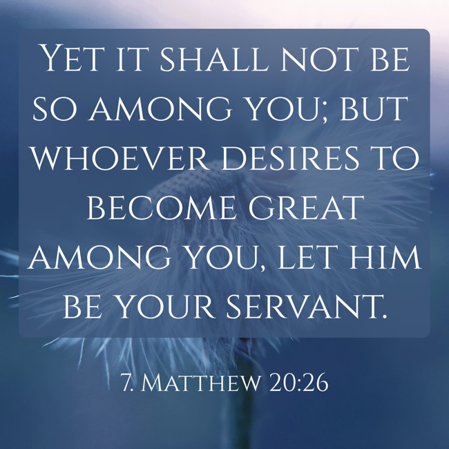 Yet it shall not be so among you; but whoever desires to become great among you, let him be your servant. - 7. Matthew 20:26