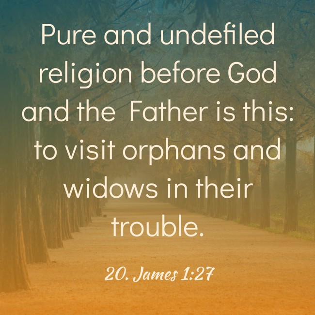 Pure and undefiled religion before God and the Father is this: to visit orphans and widows in their trouble. - 20. James 1:27