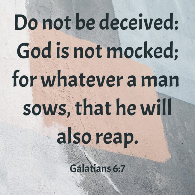 Do not be deceived: God is not mocked; for whatever a man sows, that he will also reap. - Galatians 6:7