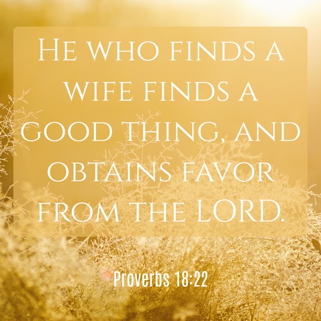 He who finds a wife finds a good thing, and obtains favor from the LORD. - Proverbs 18:22