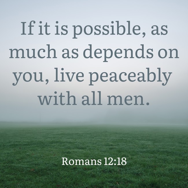 If it is possible, as much as depends on you, live peaceably with all men. - Romans 12:18
