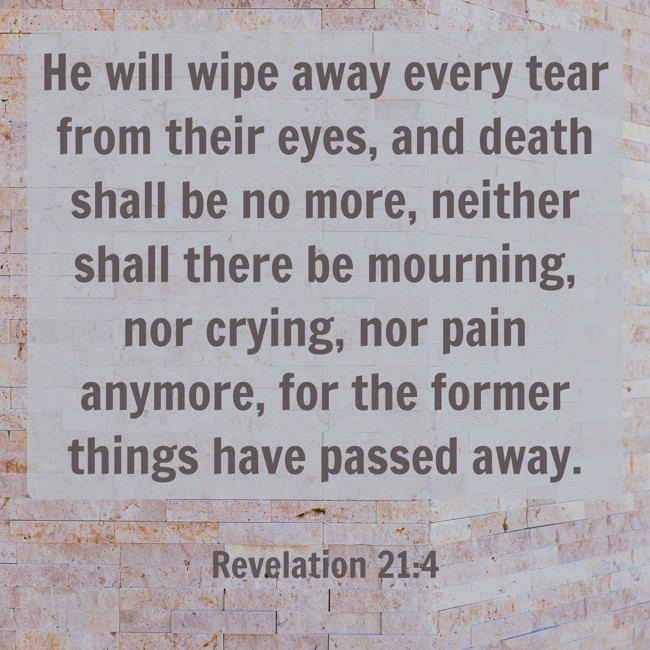 He will wipe away every tear from their eyes, and death shall be no more, neither shall there be mourning, nor crying, nor pain anymore, for the former things have passed away. - Revelation 21:4