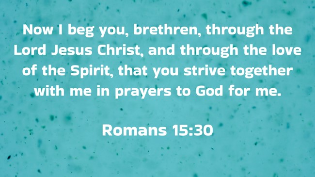 Now I beg you, brethren, through the Lord Jesus Christ, and through the love of the Spirit, that you strive together with me in prayers to God for me. - Romans 15:30