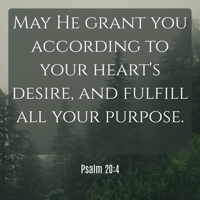 May He grant you according to your heart's desire, and fulfill all your purpose. - Psalm 20:4