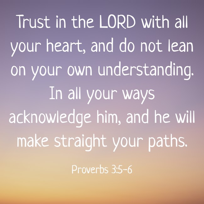 Trust in the LORD with all your heart, and do not lean on your own understanding. In all your ways acknowledge him, and he will make straight your paths. - Proverbs 3:5-6