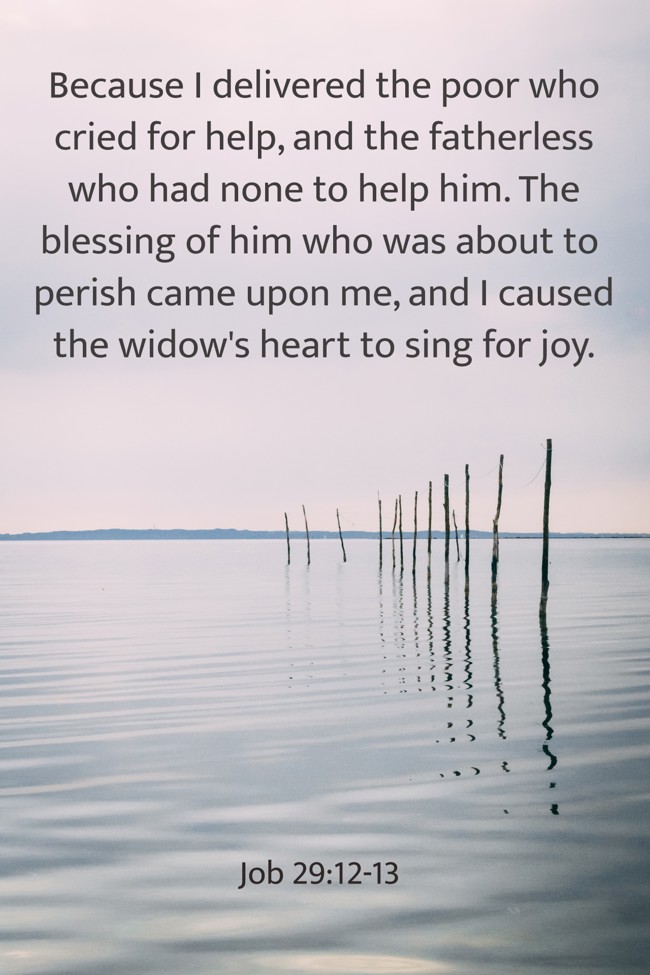  Because I delivered the poor who cried for help, and the fatherless who had none to help him. The blessing of him who was about to perish came upon me, and I caused the widow's heart to sing for joy.   - Job 29:12-13 