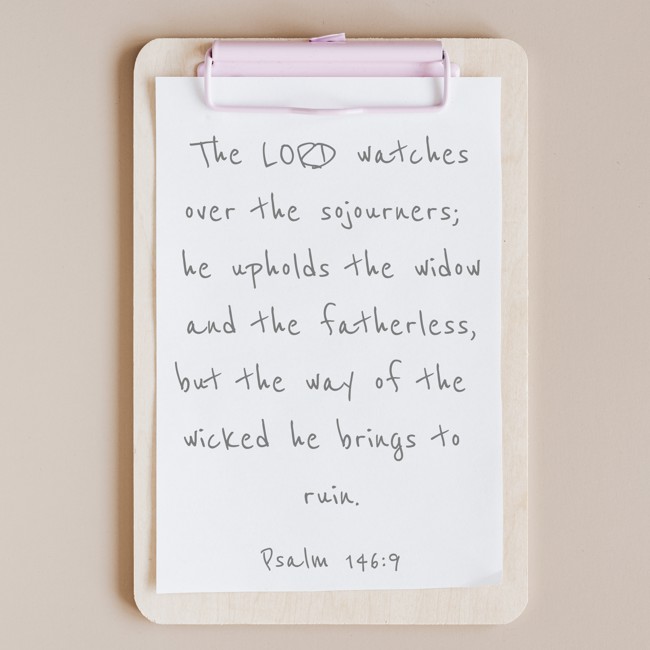  The LORD watches over the sojourners; he upholds the widow and the fatherless, but the way of the wicked he brings to ruin. - Psalm 146:9 