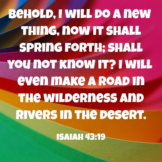 Behold, I will do a new thing, now it shall spring forth; shall you not know it? I will even make a road in the wilderness and rivers in the desert. - Isaiah 43:19