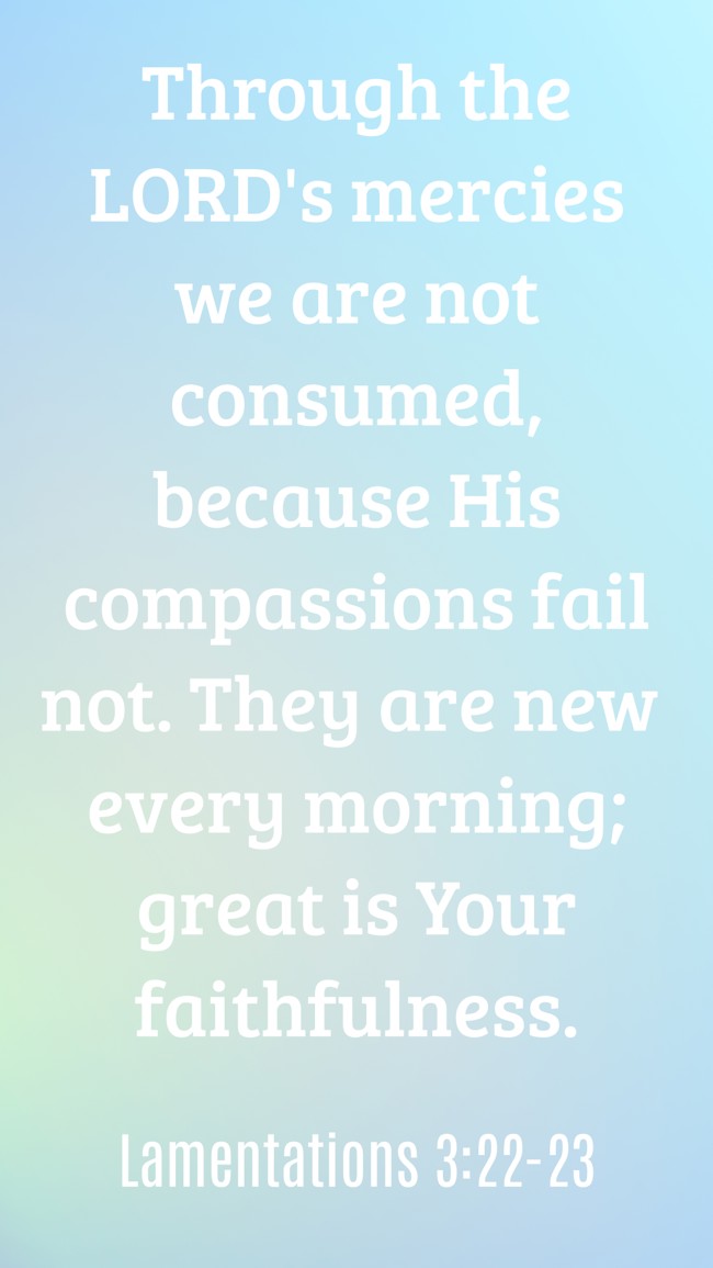 Through the LORD's mercies we are not consumed, because His compassions fail not. They are new every morning; great is Your faithfulness. - Lamentations 3:22-23