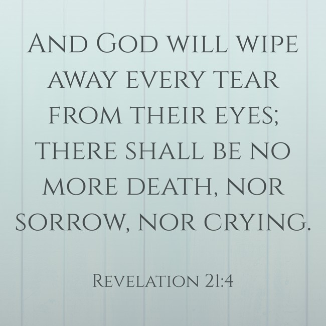 And God will wipe away every tear from their eyes; there shall be no more death, nor sorrow, nor crying. - Revelation 21:4