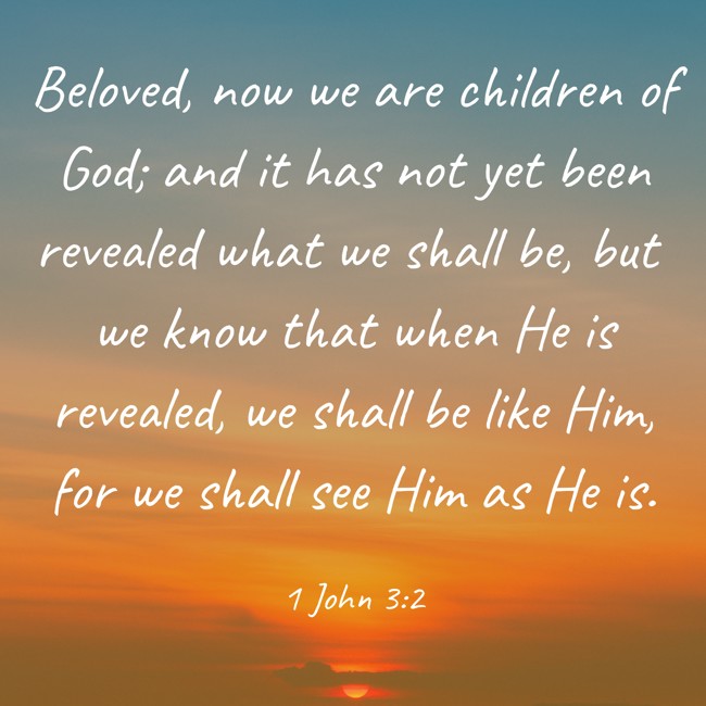Beloved, now we are children of God; and it has not yet been revealed what we shall be, but we know that when He is revealed, we shall be like Him, for we shall see Him as He is. - 1 John 3:2