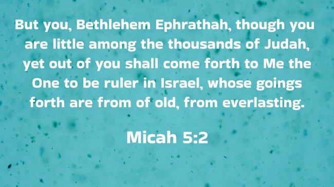  But you, Bethlehem Ephrathah, though you are little among the thousands of Judah, yet out of you shall come forth to Me the One to be ruler in Israel, whose goings forth are from of old, from everlasting.   - Micah 5:2 