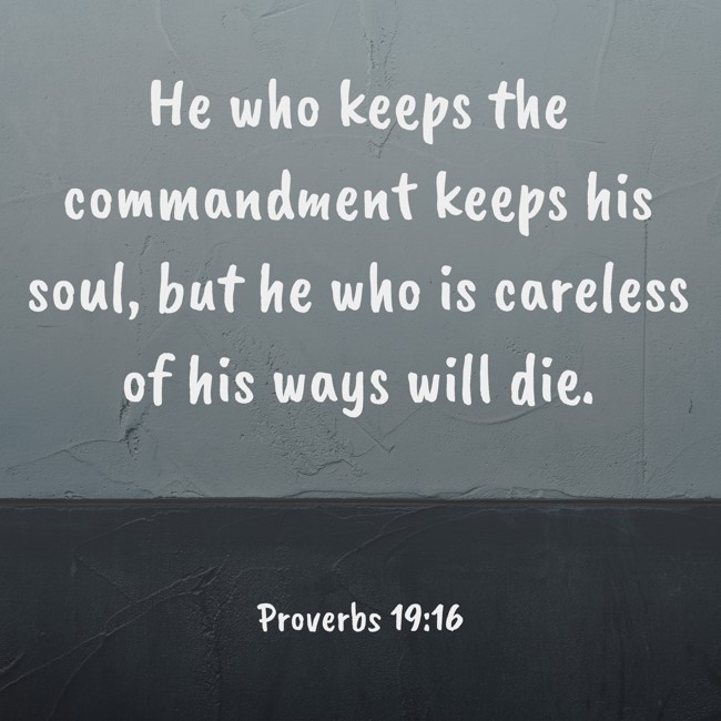 He who keeps the commandment keeps his soul, but he who is careless of his ways will die. - Proverbs 19:16